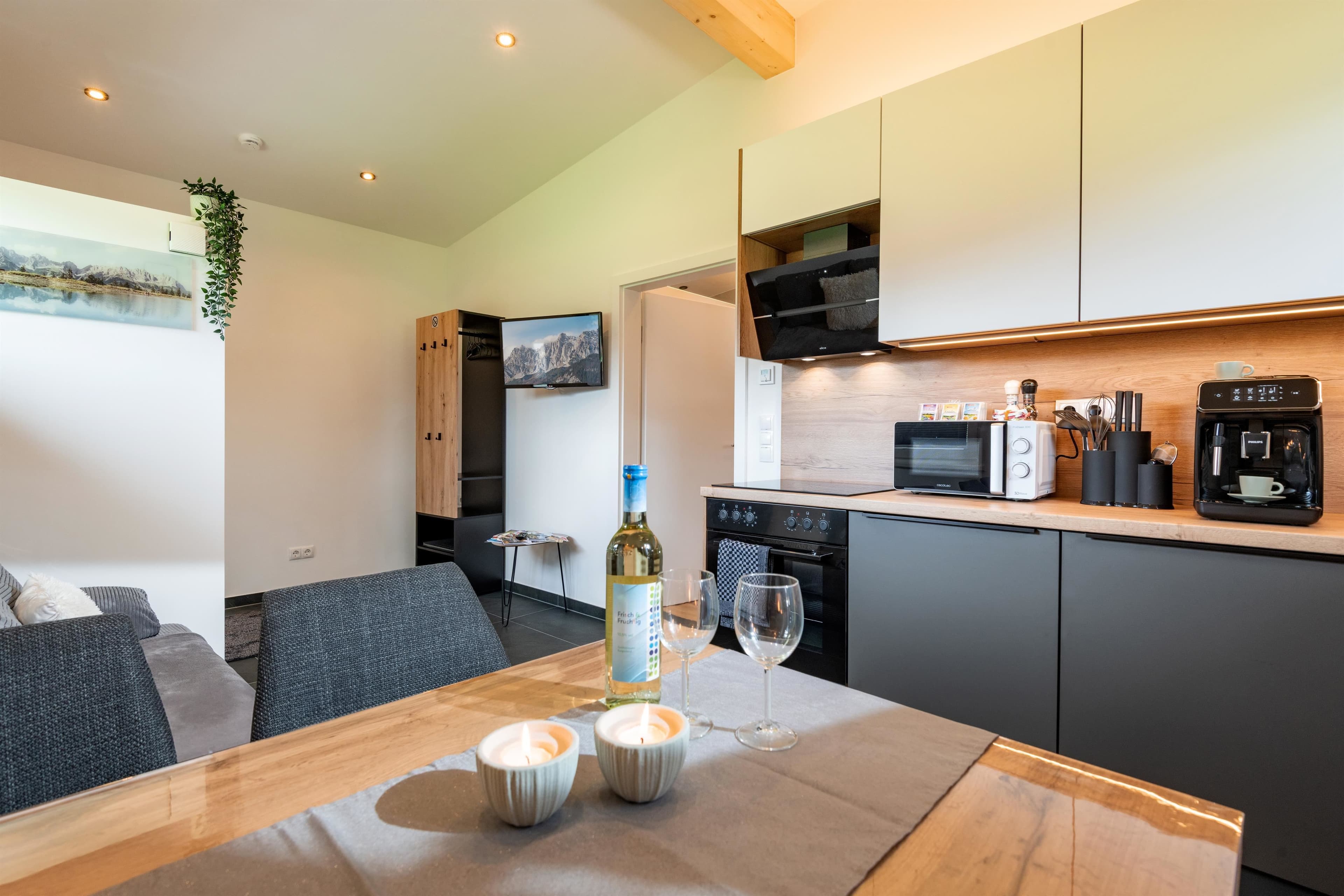 Kitchen and living area in the apartment